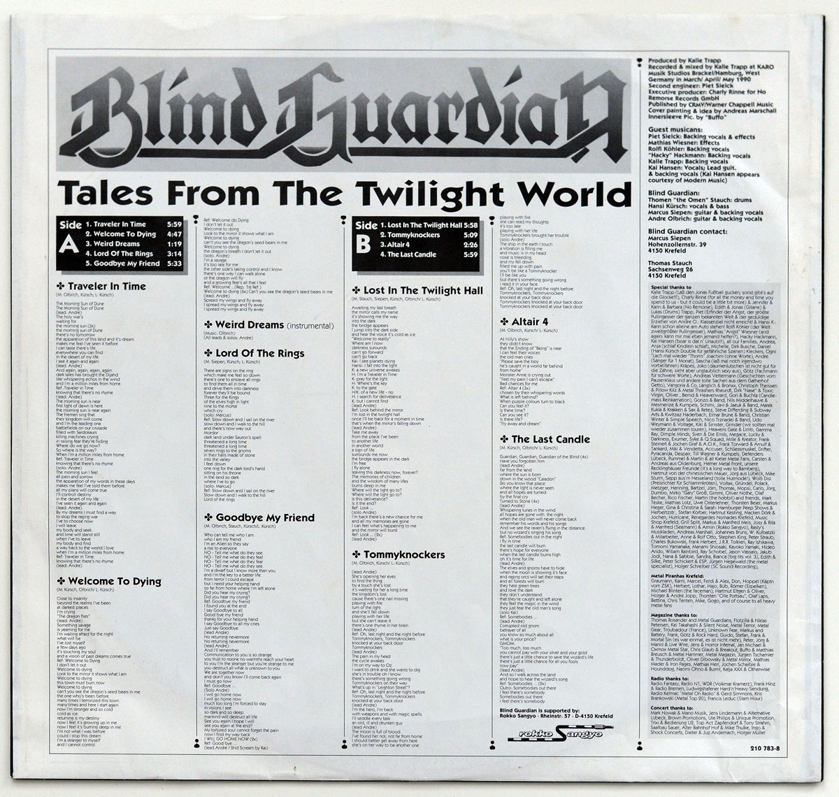 Blind Guardian's 'Tales from the Twilight World' second inner sleeve: a black-and-white lyric sheet featuring the band's logo at the top, tracklist, lyrics, production credits, and guest musician details in a structured, classic heavy metal layout.